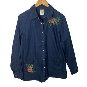 Vtg BLAIR Blue Denim Button Up Shacket Shirt Flower Embroidered Pockets Sz LRG